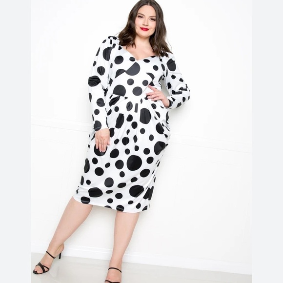 Buxom Curvy White With Black Polka Dot Pattern Long Sleeves Midi Dress Size 1X - Picture 1 of 16